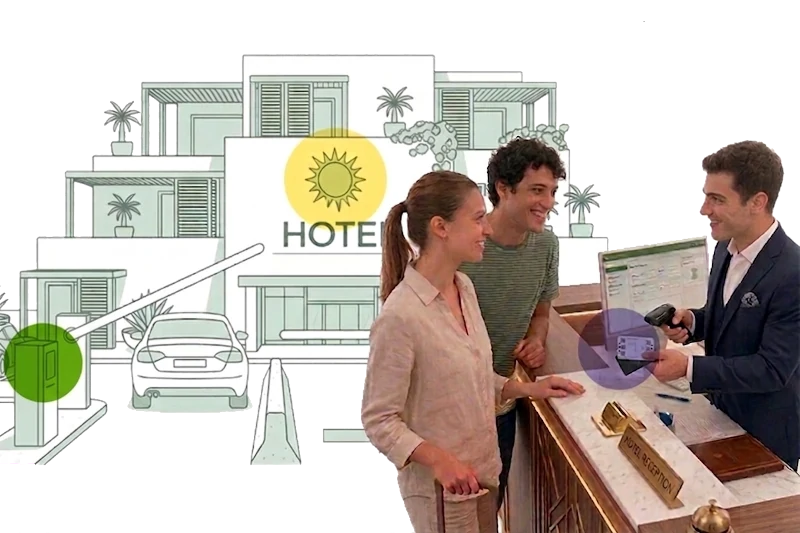 The hotel receptionist converts guests’ parking tickets into a stay‑long pass at check‑in, thanks to an automated system that frees the front desk from managing parking access.