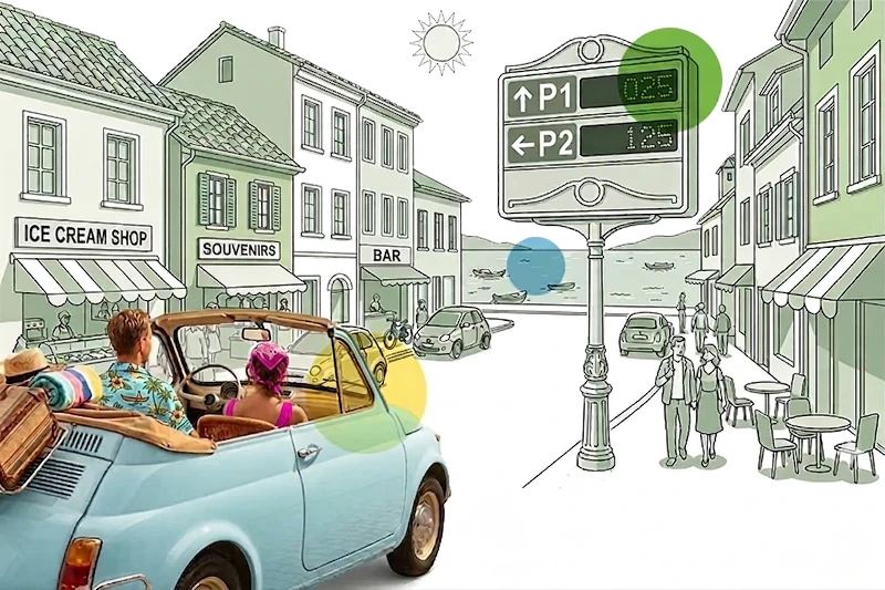 Viatron Automated Parking Systems for Tourist and Seasonal Locations, integrable with city infomobility that directs vehicles to available paid parking and reduces search times