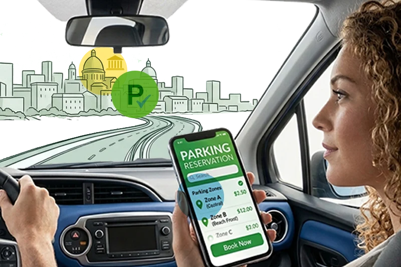 Tourist books parking spot online in art city during trip, thanks to Viatron parking systems' integration with major online booking portals to increase your parking visibility and gain competitive advantage.