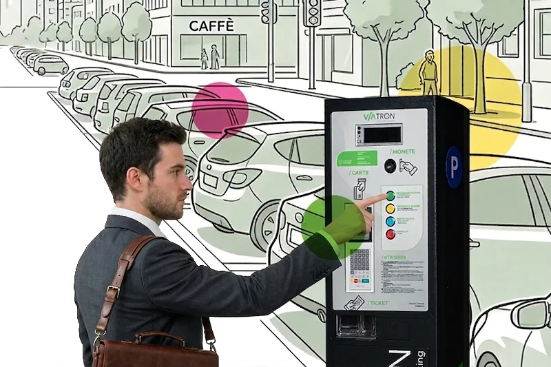 Viatron urban paid parking systems: with the Pdm01 pay‑and‑display machine, workers, residents, citizens and operators quickly select their profile and activate dedicated reduced rates.